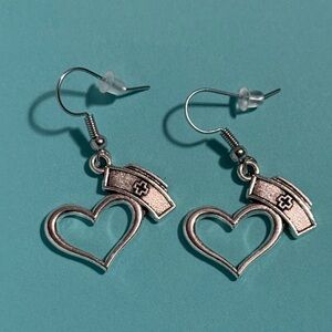 Silver Heart with Nursing Hat Earrings